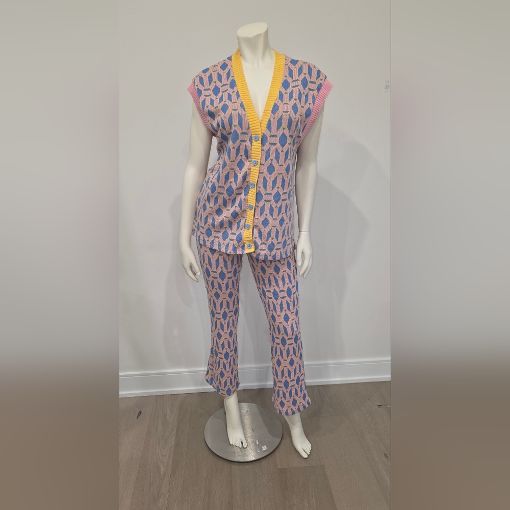 Zara Knit Vest S & NWT Patterned Flared Pants S Matching Set Pastel Colors
